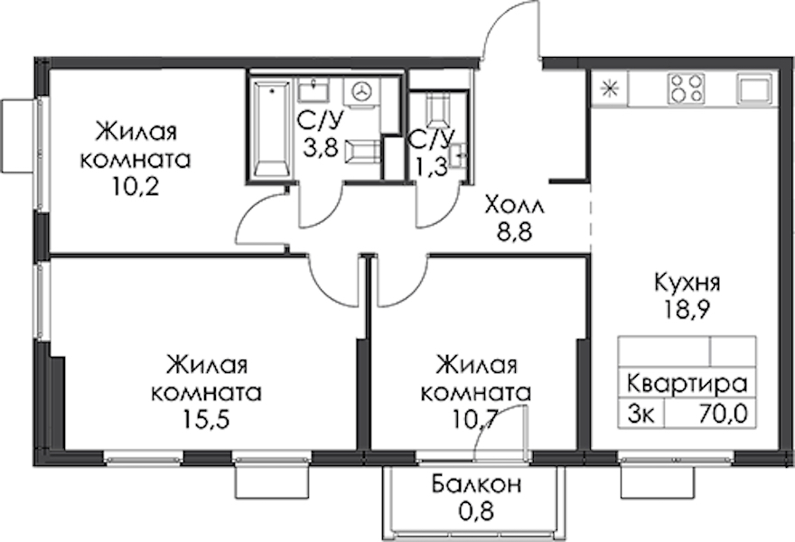 3-комнатная квартира 70 м², 15/24 эт., ЖК «Заречный парк»